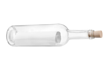 Corked glass bottle with rolled letter isolated on white