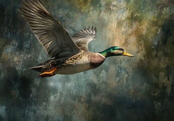 Obraz premium Majestic Mallard Duck in Flight with Colorful Plumage Against an Abstract Background of Earthy Tones and Textures
