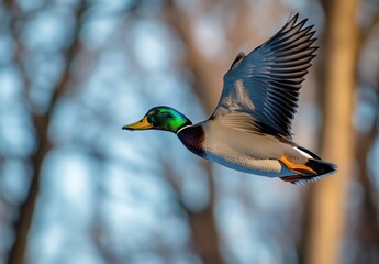 Obraz premium Majestic mallard duck in mid-flight showcasing vibrant plumage against a soft blurred background of trees in natural habitat during golden hour light