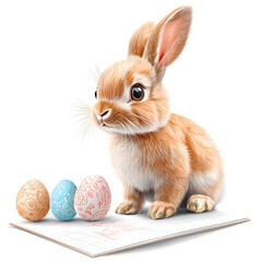Adorable Easter Bunny with Soft Fur and Colorful Festive Eggs in a White Background