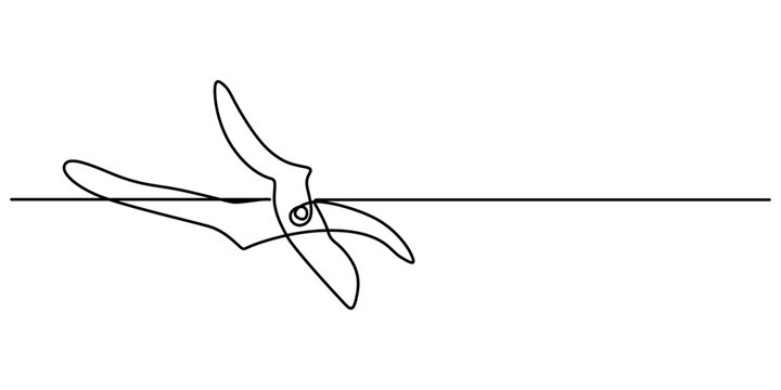 Gardening Hedge Trimmers Line Drawing with Editable Stroke and Color Elements, hedge clippers continuous one line drwing off white background, minimalist design concept pro style. vector illustration.