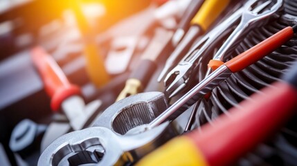 Close-up of air conditioner unit with tools neatly arranged
