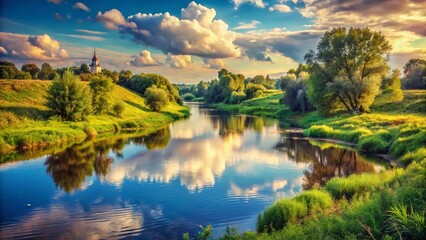 Fototapeta premium Vintage Pastoral River Scene: Sunny Summer Day in Vladimir Region, Russia