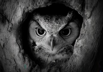 Majestic Owl Observing from Tree Hollow in Monochrome with Striking Eyes and Intricate Feather Patterns Captured in Nature's Embrace