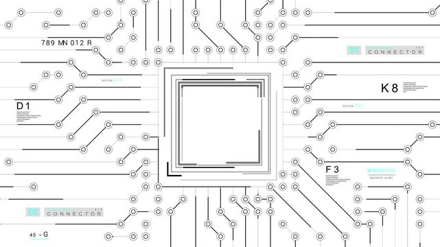 Motherboard electrical circuit HUD.2D generated. Transferring data electronic impulse. Infographic digital elements. Abstract technological background. White.