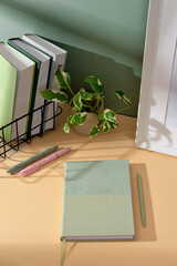 Elegant lightgreen weekly planner with stationery, sticky notes, perfect for notes, sketches, and organizing thoughts.  Organized workspace, productive study setup.