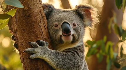 Fototapeta premium Koala hugging tree, sunset, eucalyptus forest, wildlife