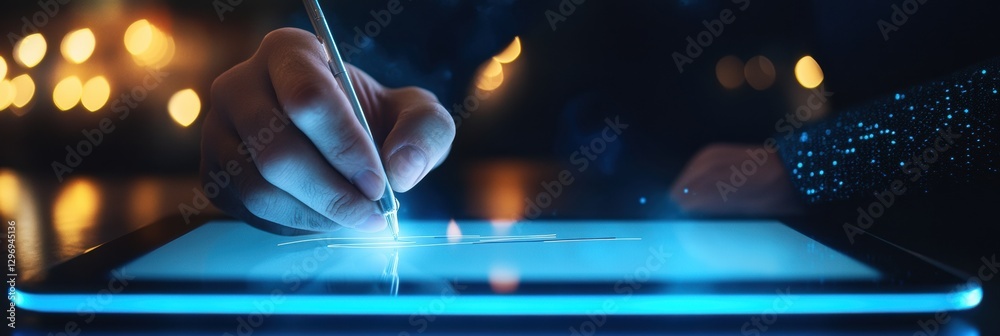 Poster Digital artist creating intricate designs on a tablet with a stylus in a dimly lit space during evening hours. Generative AI