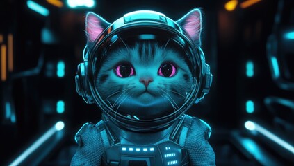 3D cat, futuristic design with neon lights and dark background, cyberpunk character design