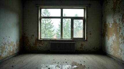 A desolate room's forgotten corner, where peeling paint and a large window showing distant trees create a haunting atmosphere of quiet decay and nature's persistent presence.