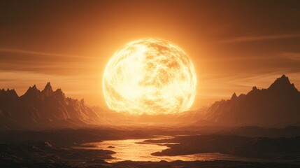 Enormous Fiery Celestial Body Rising Over a Mountainous Landscape at Sunset