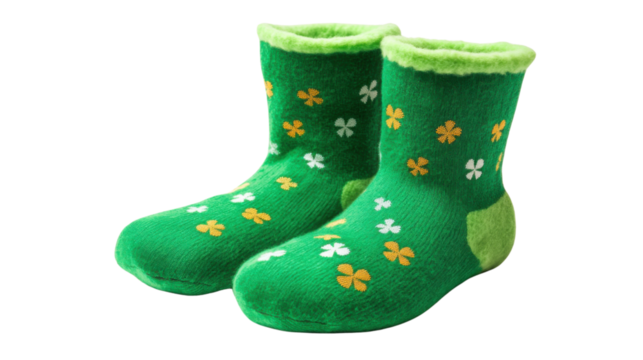 Leprechaun green socks with shamrock isolated on white background