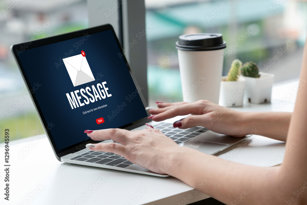 Poster email notification message showing on computer screen snugly. digital marketing message information 