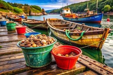 Vintage Photo: Fresh Clams in Pails on Galician Fishing Boat, Rias Baixas, Spain