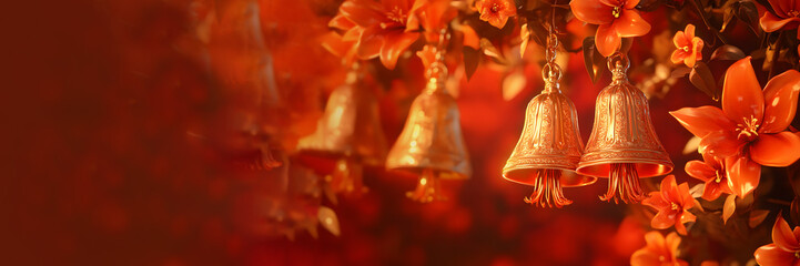 Obraz premium On a red background, brass bells and marigold flowers are displayed, often associated with the Hindu Diwali festival, Indian weddings, and religious ceremonies.