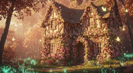 Enchanted cottage surrounded by vibrant flowers and glowing plants in a magical forest setting - tudor style house