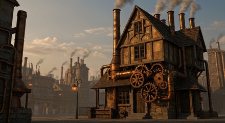 Steampunk-inspired factory with intricate gears and pipes, set in a bustling industrial cityscape - tudor style house