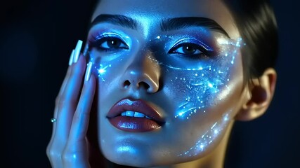 A woman's face displays close-up beauty, with glamourous makeup highlighting her eyes and lips