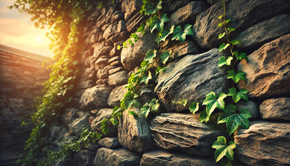 Obraz premium A close-up view of a rustic stone wall composed of uneven, natural gray rocks stacked tightly together