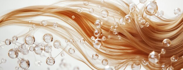 Light brown hair flowing, water molecules, white background, haircare ad