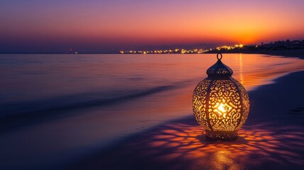Obraz premium Lit lantern on beach at sunset, city lights background