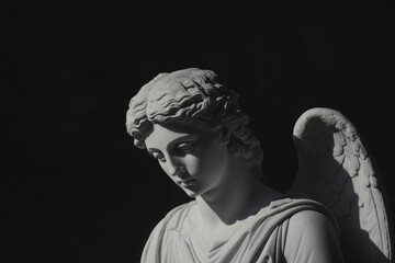 The Angel's Serenity: A close-up shot of a classical angel statue, cast in a serene pose against a dark backdrop, showcasing timeless beauty and the play of light and shadow.