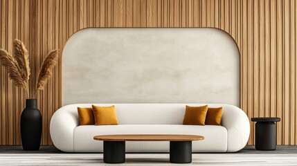 Modern living room design urban apartment interior cozy environment wide angle minimalist concept