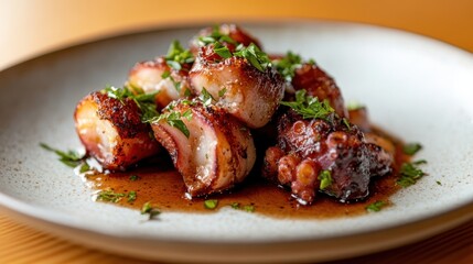 A captivating dish featuring charred octopus glazed with a savory sauce and sprinkled with fresh herbs, ideal for seafood aficionados seeking flavorful adventure.