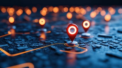 Glowing Location Markers on a Futuristic City Map: Navigation, Technology, and Global Connectivity