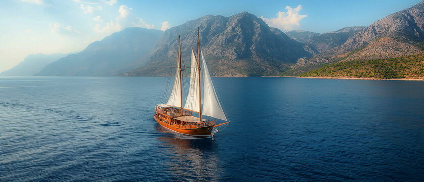 A classic schooner with a carved wooden hull and t_007