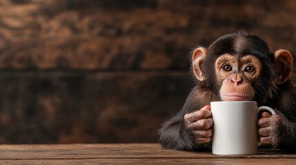 A charming image of a monkey holding a coffee cup, creating a heartwarming scene that combines nature's beauty with a touch of humor and personality.