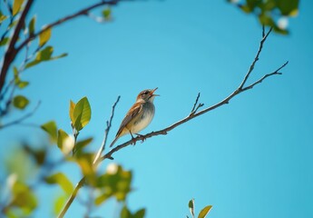 Fototapeta premium Small brown bird singing on a branch against a clear blue sky with green leaves, capturing the beauty of nature and the joy of vibrant wildlife in springtime.