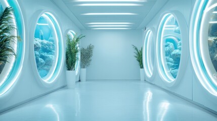 A stunning futuristic hallway featuring circular windows showcasing ocean life, blending modern design with enchanting aquatic visuals for a serene atmosphere.