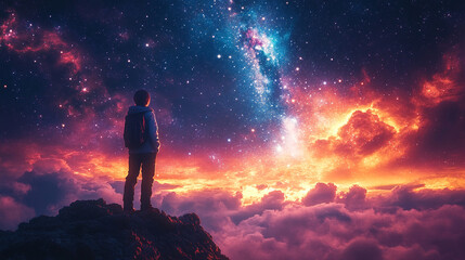 Fototapeta premium On the summit, a silhouette of a dreamer gazes upward into the vast heavens, filled with countless stars, bathed in the cosmic dance of vibrant hues, symbolizing wonder, infinity, and exploration.