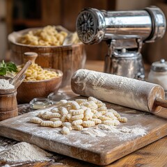 Fresh gnocchi resting on wooden cutting board in rustic kitchen