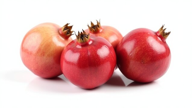 Pomegranates on white background, portrait view. Deep red, fresh, subtle sheen, tightly cropped. Shallow depth of field, emphasizing textures and curves, 8k detail, clean composition.