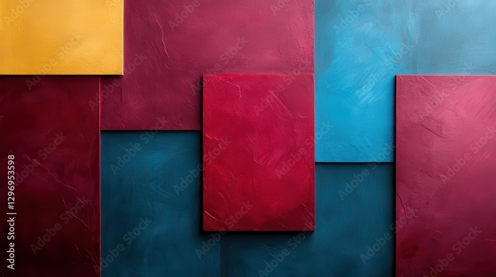 Poster an engaging arrangement of rectangular blocks in various colors, creating a unique abstract composit