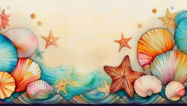 border frame of seashells and starfish modern wallpaper background pattern copy space

