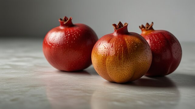 Vibrant pomegranates on white background, portrait shot. Deep red, subtle sheen, tightly cropped. Shallow depth of field, highlighting textures and curves, 8k focus, minimalist style.