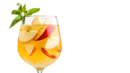 A close-up of a glass of cider with apple slices inside, placed on the left side of a white background.







