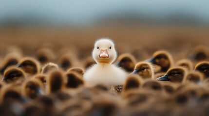 A fluffy white duckling stands amidst a group of brown adult ducks in a tranquil pond, representing playfulness and the beauty of nature's diversity.