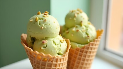 Creamy pistachio gelato in a waffle cone with crushed nuts, summer treat.