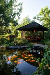 Fototapeta premium Koi fish swim in pond near gazebo, peaceful, sunny garden scene, stock photo use