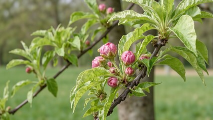 Fototapeta premium Tranquil plum tree branch with fading pink blossoms and lush green leaves in a serene country garden setting