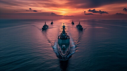 A cruiser accompanied by frigates and destroyers a_005