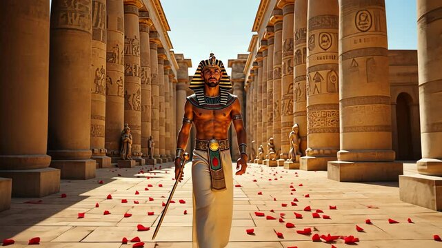 A Majestic Pharaoh Elegant Strolling Through an Ancient Egyptian Temple
