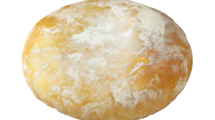 Round rustic sourdough bread with crisp crust and flour-dusted surface, artisan bakery product, isolated on white background, PNG format, top view 