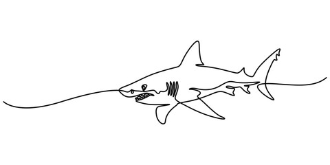 Obraz premium Shark fish in continuous line art drawing style. Minimalist black linear sketch on white background. Vector illustration, Sharks fish Continuous one line drawing of fish isolated flat pro vector. 