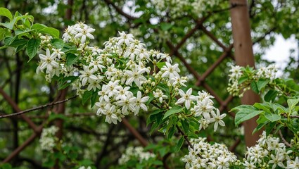 Fototapeta premium Bright white jasmine blooms perfume a serene garden scene framed by verdant leaves and a charming trellis A snapshot of natural beauty
