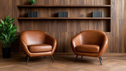 Two elegant brown chairs are positioned in a stylish setting with a wooden backdrop, showcasing modern interior design that emphasizes comfort and aesthetic appeal.